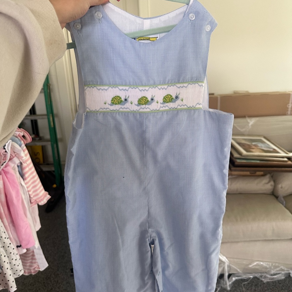 Smocked Turtle Baby Overalls - Light Blue